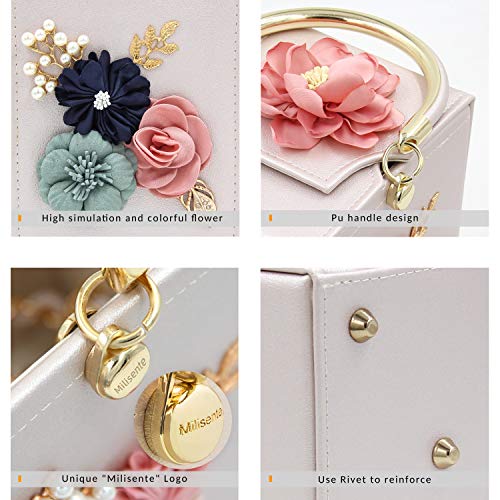 Milisente Evening Clutch Bag for Women Floral Square Box Evening Bags Crossbody Shoulder handBags Flower Wedding Clutch Purse (Beige) - Image 4