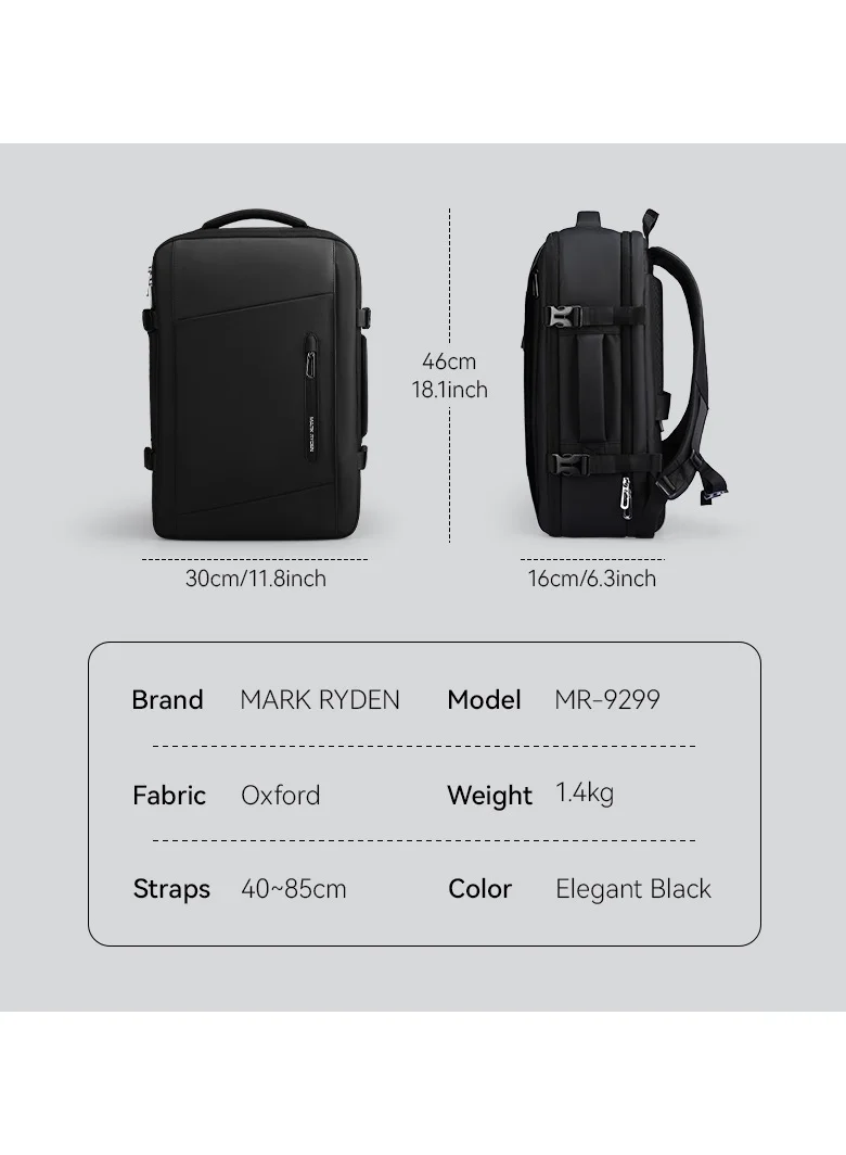 مارك رايدن مارك رايدن 9299YKK حقيبة ظهر ضغط فراغ مع جهاز Air Pumb، قماش أكسفورد مقاوم للماء، كمبيوتر محمول مقاس 15.6 بوصة، تخزين متعدد، فصل رطب / جاف