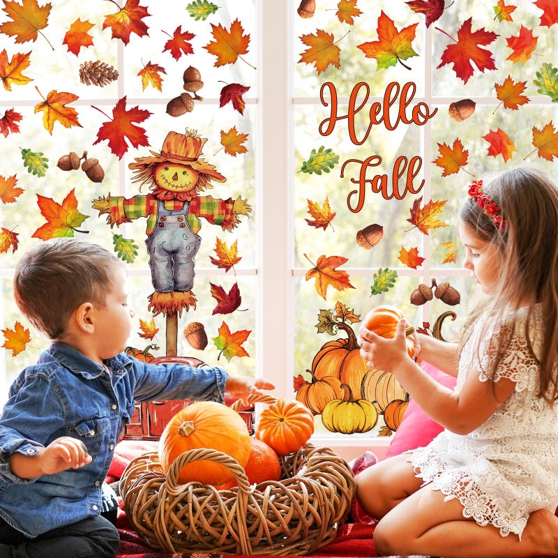 وولاين Whaline 6 Sheets Fall Window Clings Watercolor Truck Pumpkin Maple Leaves Scarcrow Window Scons - Image 2