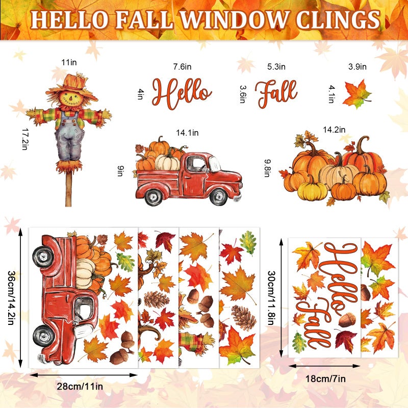 وولاين Whaline 6 Sheets Fall Window Clings Watercolor Truck Pumpkin Maple Leaves Scarcrow Window Scons - Image 4