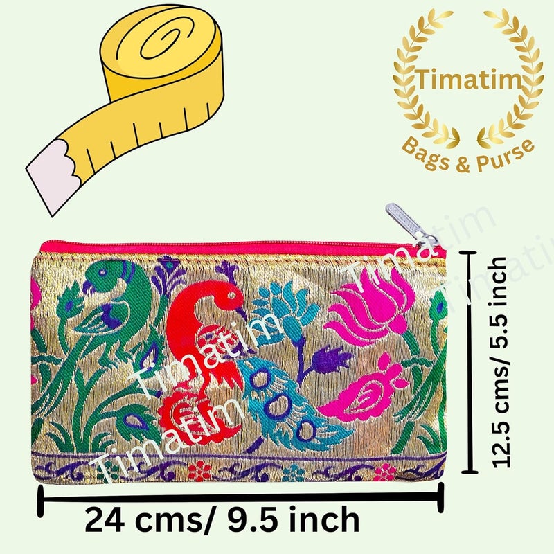 Timatim Return Gift for Women Purse Double Pockets with Zipper Wallet for Ladies Festival, Wedding, Baby Shower Shagun Haldi, Mehandi, Wedding Gift Paithani Silk Pouch, Multicolor (Pack of 18) - Image 2