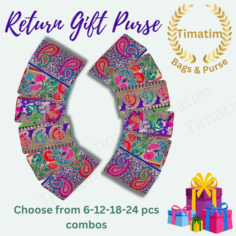 Timatim Return Gift for Women Purse Double Pockets with Zipper Wallet for Ladies Festival, Wedding, Baby Shower Shagun Haldi, Mehandi, Wedding Gift Paithani Silk Pouch, Multicolor (Pack of 18) - Image 5