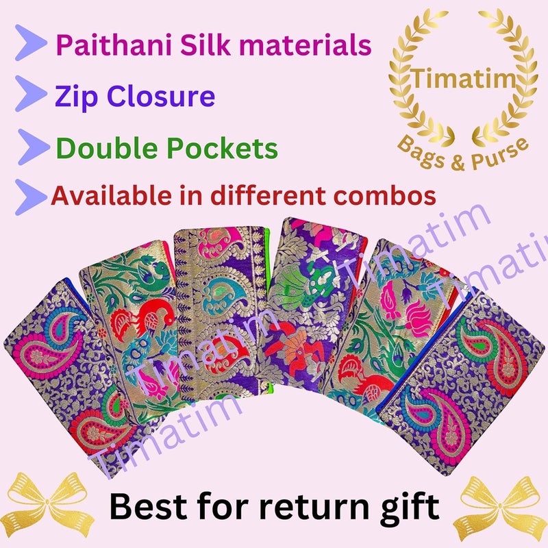 Timatim Return Gift for Women Purse Double Pockets with Zipper Wallet for Ladies Festival, Wedding, Baby Shower Shagun Haldi, Mehandi, Wedding Gift Paithani Silk Pouch, Multicolor (Pack of 18) - Image 4