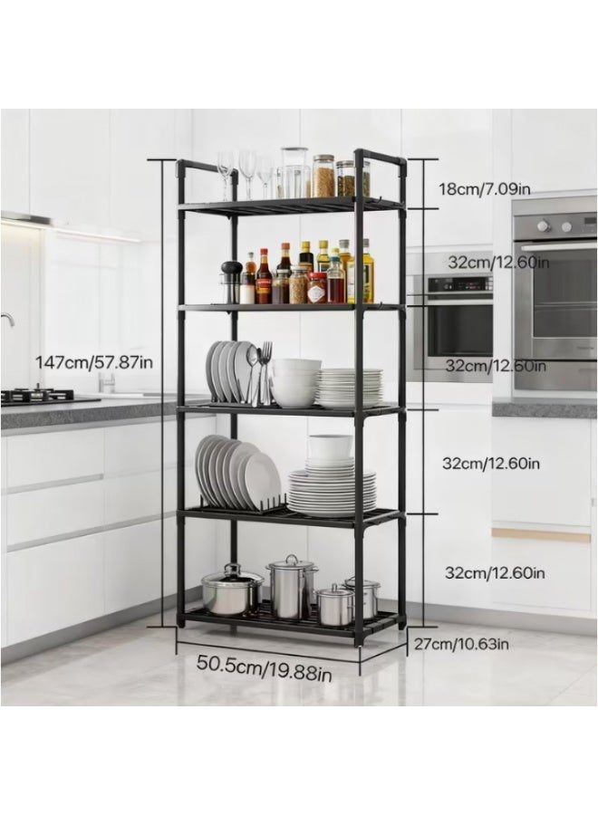 5 Tier Storage Shelves, Stable Kitchen Shelf Organizer, Storage Rack with Armrests, Removable Free Standing Rack with Hooks, Multipurpose Rack, Shelving Unit for Laundry Room,Living Room,Garage,Pantry,Study Room - Image 4