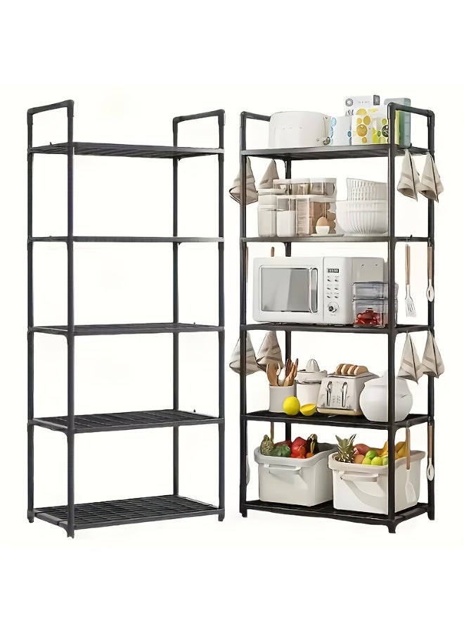 5 Tier Storage Shelves, Stable Kitchen Shelf Organizer, Storage Rack with Armrests, Removable Free Standing Rack with Hooks, Multipurpose Rack, Shelving Unit for Laundry Room,Living Room,Garage,Pantry,Study Room - Image 5