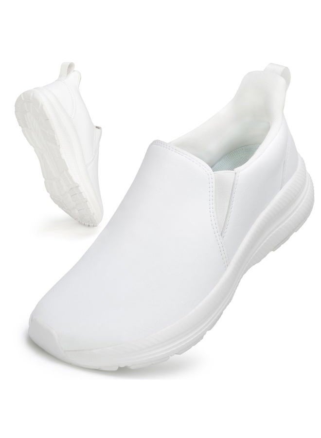 ZOVE Wide Toe Box Shoes Women Wide Width Waterproof Leather Hands Free Nursing Sneakers Ultra Light Extra Wide Walking Sneakers Non-Slip Chef Diabetes Nurse Work Shoes, White, 6 Wide - Image 1