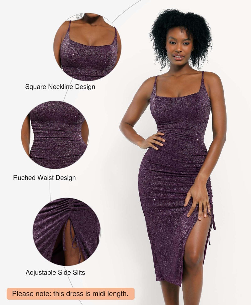 Popilush Sparkly Cocktail Dresses for Women Shapewear Formal Wedding Guest Dress Fall Square Neck Ruched Midi Dress Side Slit Purple - Image 5