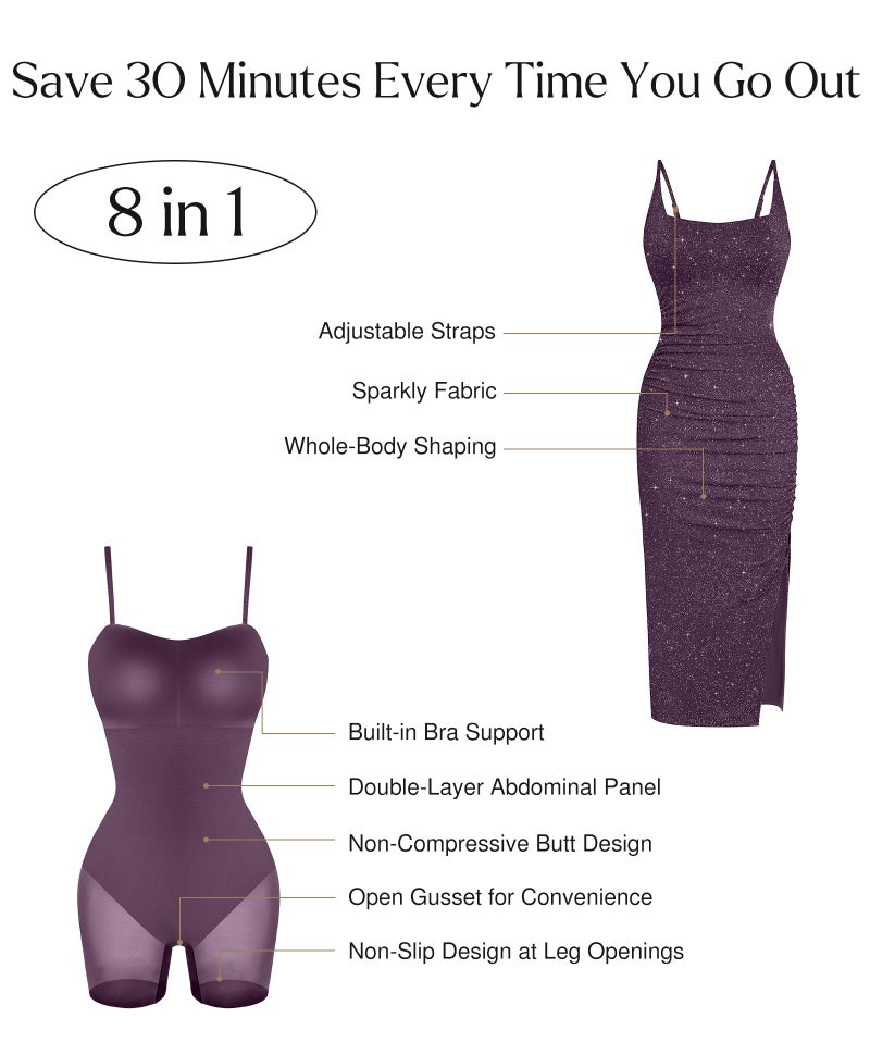 Popilush Sparkly Cocktail Dresses for Women Shapewear Formal Wedding Guest Dress Fall Square Neck Ruched Midi Dress Side Slit Purple - Image 3