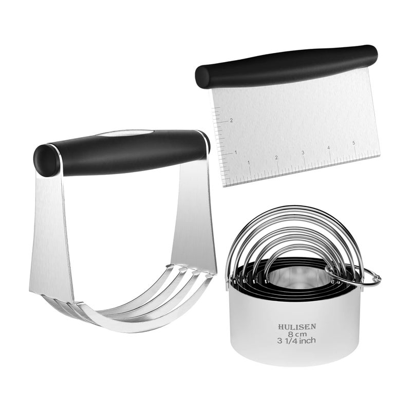 HULISEN HULISEN Stainless Steel Biscuit Cutter Set Pastry Scraper and Dough Blender Sturdy  LongLasting with Ergonomic Rubber Grip Professional Baking Dough Tools Gift Package 3 PcsSet 