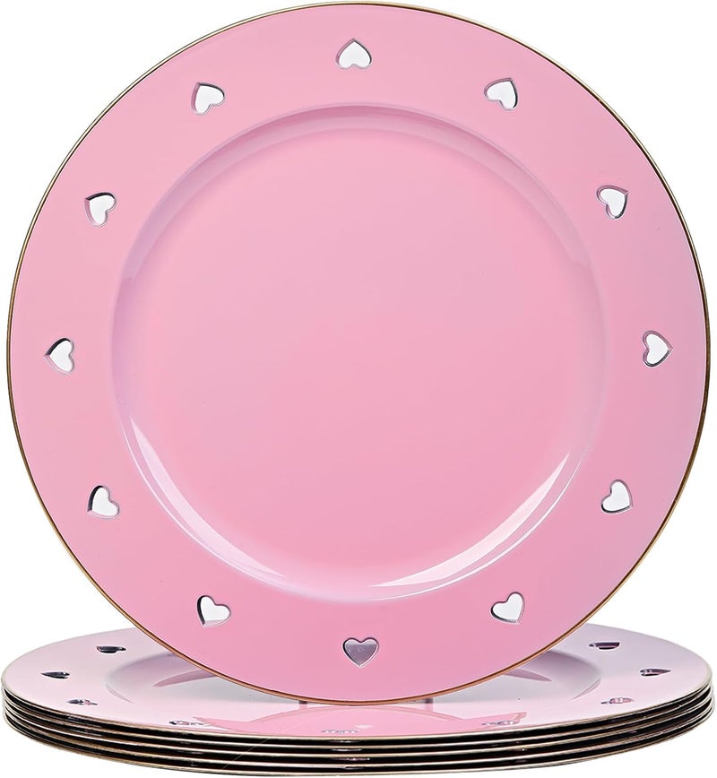 Kazozobi 13 Round Pink Charger Plates Heart Hollow Chargers for Dinner Plates with Golden Border Formal Table Setting Accessory Centerpiece Bluk Wedding Valentines Day Galentines Day Set of 6 - Image 1
