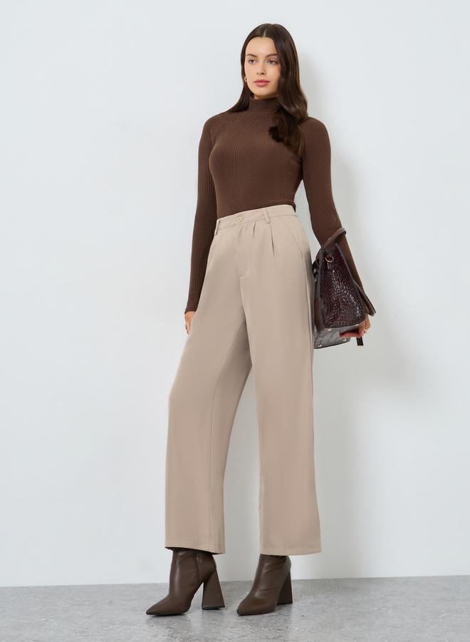 Styli Khaki Solid Wide Leg Pants - Image 1