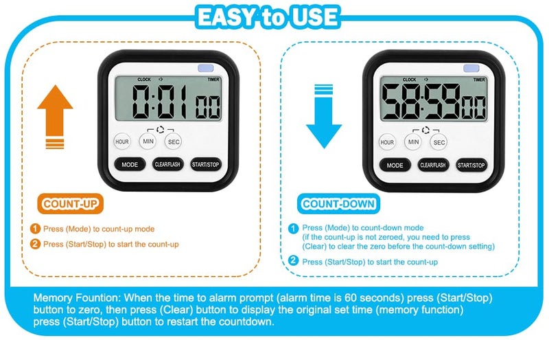 DANSR Digital Kitchen Timer & Stopwatch, Large Digits, Loud Alarm, Kitchen Timer, Magnetic Countdown Digital Timer for Teacher Kids and Elderly, for Classroom Home Work Fitness, Cooking (Black) - Image 4