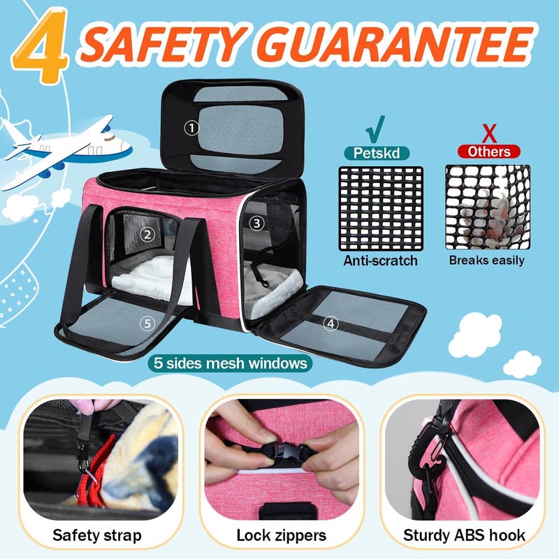 Petskd Top-Expandable Pet Carrier 17x12x8.5 Inches JetBlue Allegiant Spirit Airline Approved, Soft-Sided Carrier for Small Cats and Dogs with Locking Safety Zippers and Anti-Scratch Mesh(Pink) - Image 5