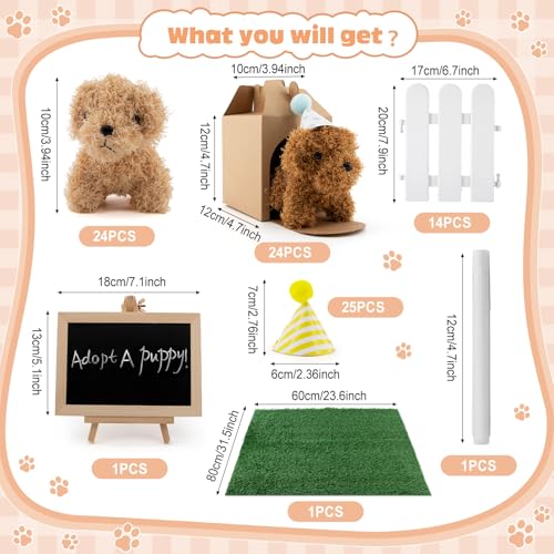 Rigibright 56Pcs Adopt A Puppy Party Favors Mini Plush Stuffed Animals Set Includes 14 Mini Dogs, Birthday Hats, White Plastic Fence with Artificial Lawn for Adopt A Pet Theme Birthday Party - Image 3
