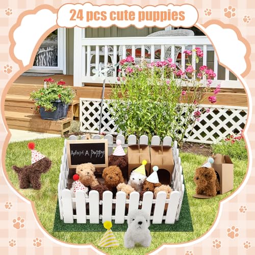Rigibright 56Pcs Adopt A Puppy Party Favors Mini Plush Stuffed Animals Set Includes 14 Mini Dogs, Birthday Hats, White Plastic Fence with Artificial Lawn for Adopt A Pet Theme Birthday Party - Image 5