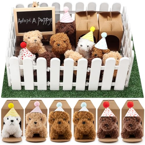 Rigibright 56Pcs Adopt A Puppy Party Favors Mini Plush Stuffed Animals Set Includes 14 Mini Dogs, Birthday Hats, White Plastic Fence with Artificial Lawn for Adopt A Pet Theme Birthday Party - Image 1