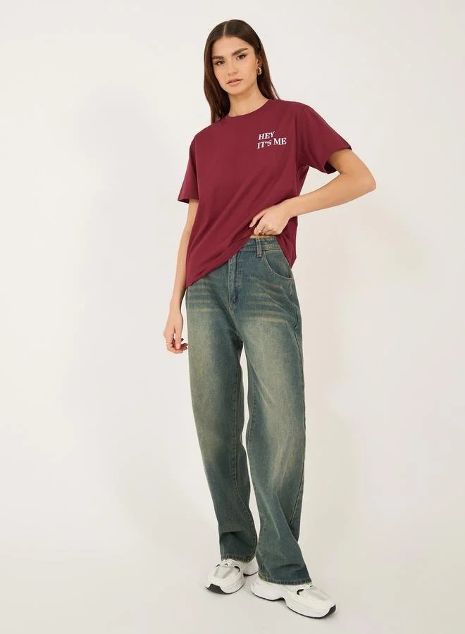 Styli Embroidered Slogan Relaxed Fit Round Neck T-Shirt