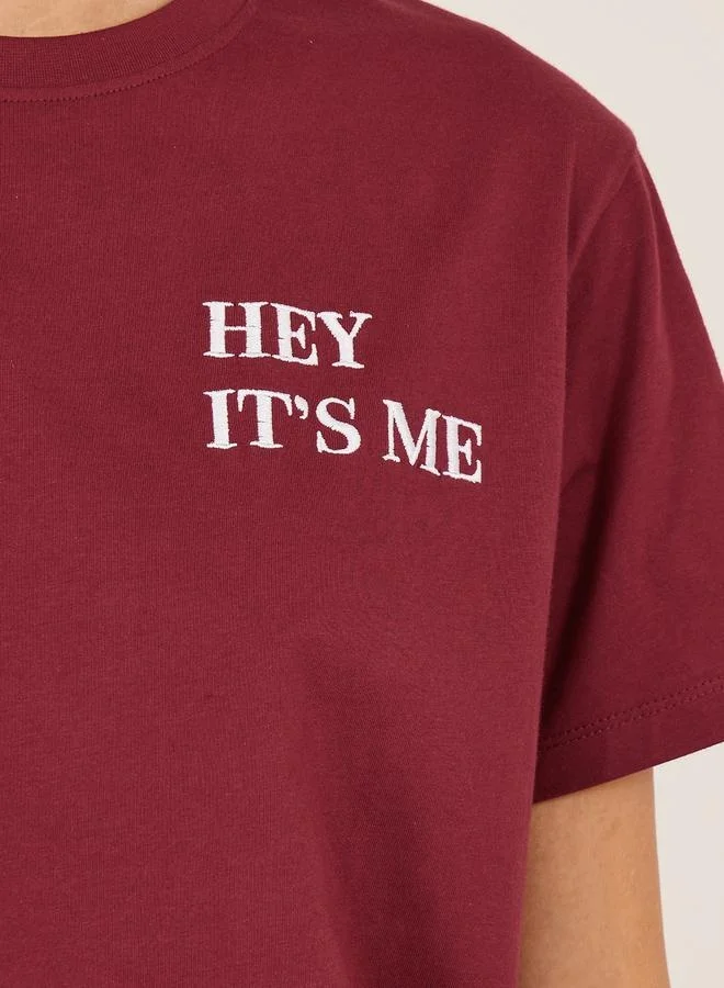 Styli Embroidered Slogan Relaxed Fit Round Neck T-Shirt