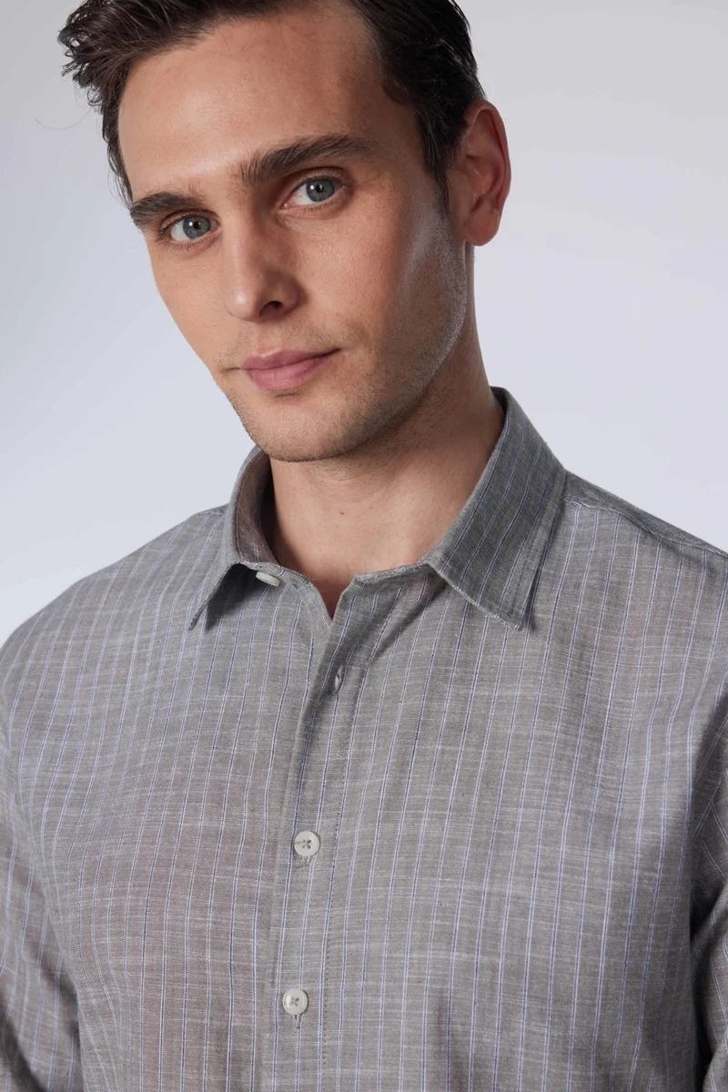 تودورس Slim Fit Long Sleeve Tight Fit Striped Summer Linen Texture Men's Shirt