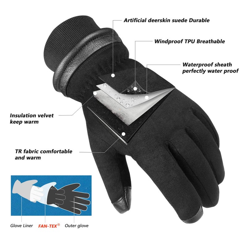 OZERO Waterproof Gloves Winter Warm Touch Screen Elastic Cuff Windproof Insulated for Driving/Motorcycle/Snow Ski/Hiking/Hunting Thermal Christmas Gifts for Men Dad (Medium,Black) - Image 2