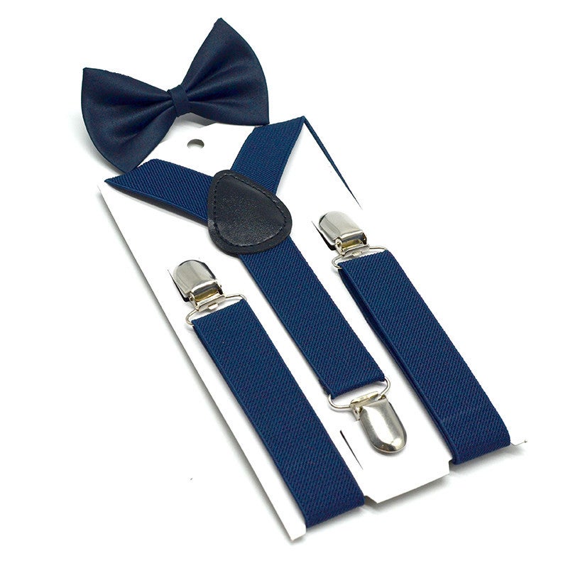 Kids Unisex Solid Y-Back Suspenders Bowtie Set Navy 
