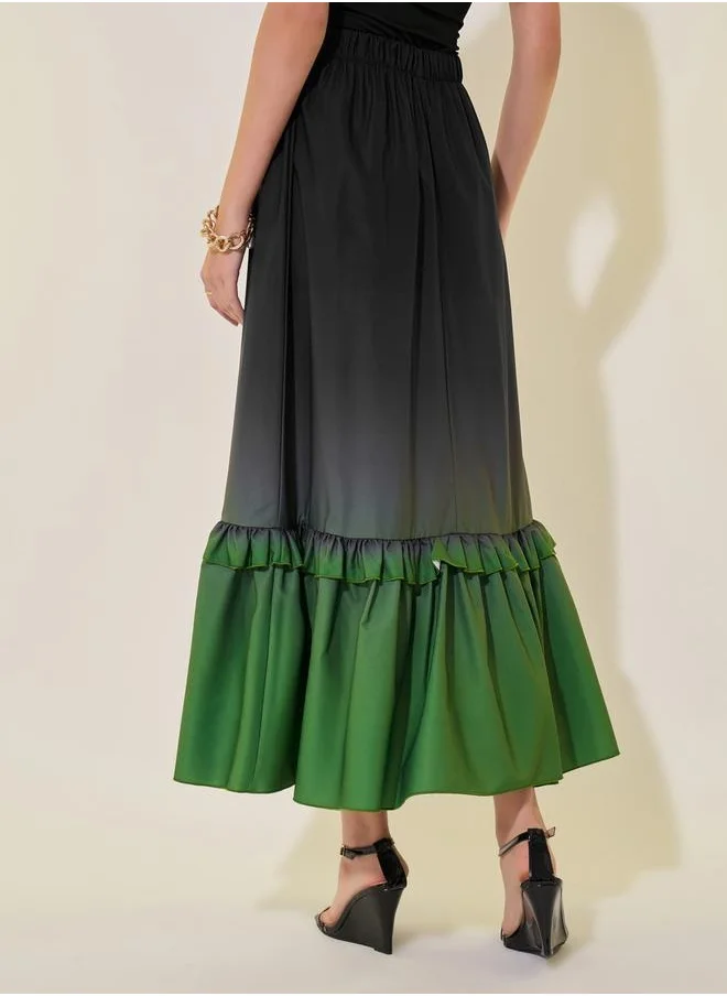 Styli Ombre Print A-Line Ruffle Hem Maxi Skirt