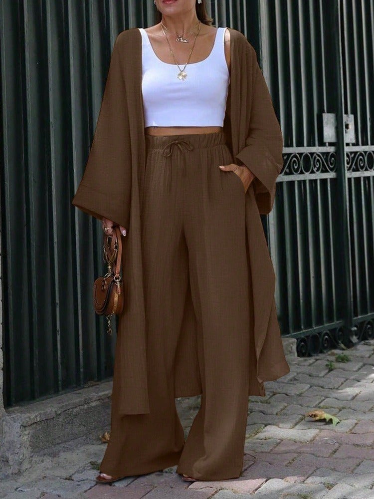 Women's Casual Two-Piece Set: Long Cardigan & Wide-Leg Pants, Loose Fit, Spring/Autumn