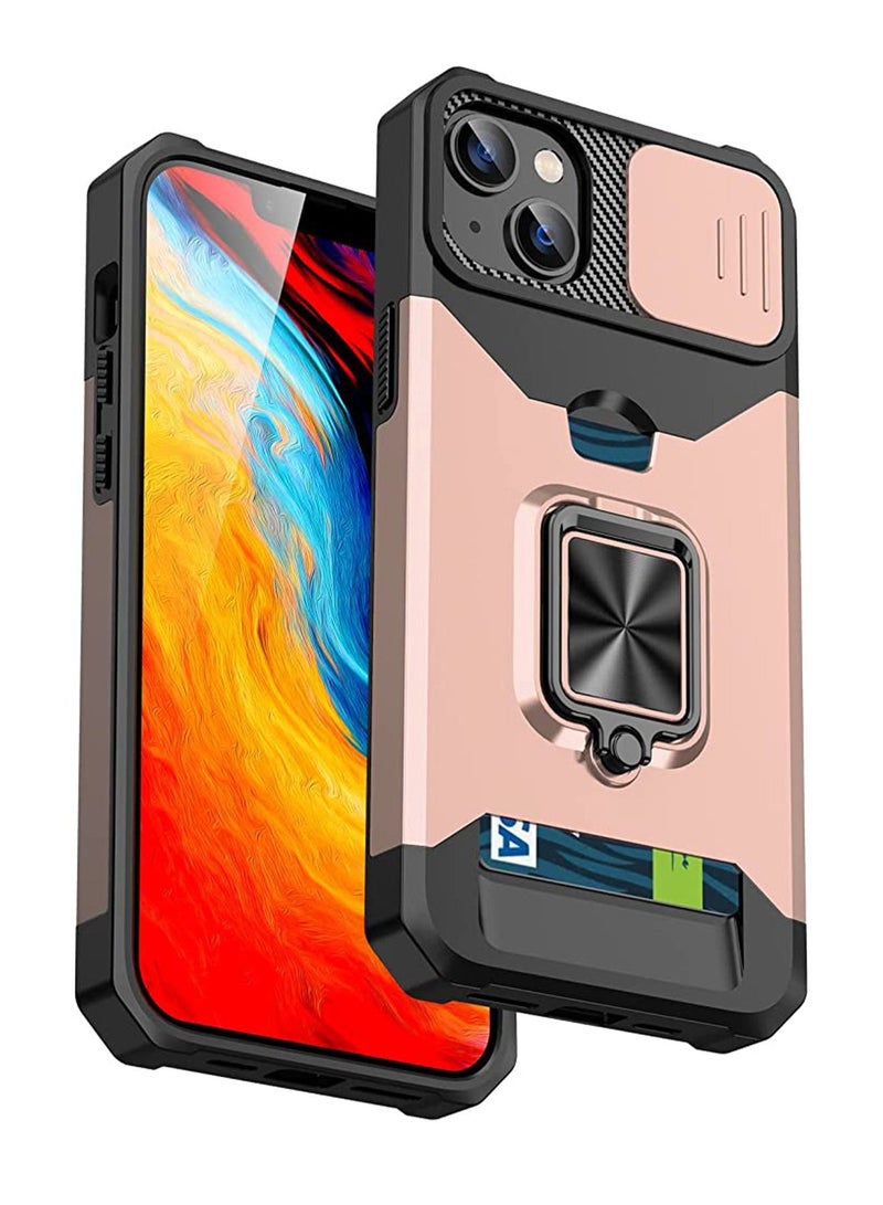 iPhone 14 Plus Case Cover 6.7 inch with Slide Camera Protection Card Holder Hard Ring Stand Hybrid Kickstand Cell Accessories iPhone 14+ iPhone 14Plus Women Rose Gold  - Image 1