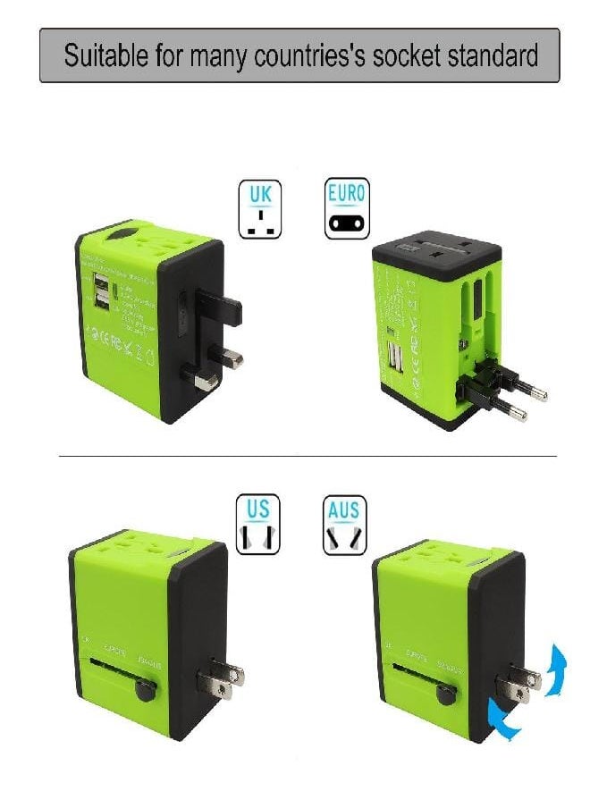 AllEasy International Power Adapter, AllEasy Universal Power Adapter with 2.1A Dual USB Ports for UK, EU, AU, Asia Covers 150+Countries (Green)  - Image 2