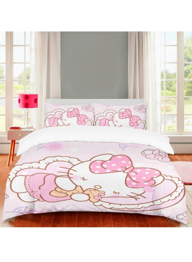Cartoon Sanrio Hello Kitty pattern bedding three-piece set with soft microfiber polyester sheets including cover and two pillowcases (size 150cmX200cm)  - Image 2
