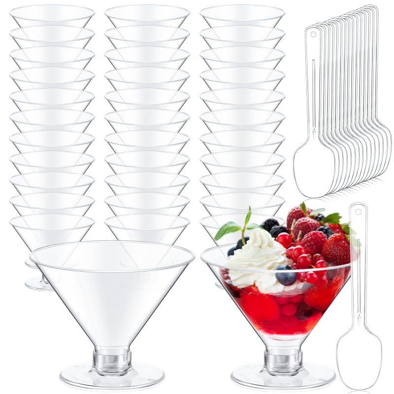 Yinkin 200 Pack Plastic Martini Glasses 5 oz Disposable Cocktail Glasses Mini Martini Plastic Cups Dessert PVC Shot Glasses Unbreakable with Spoons for Weddings Party Wine Food Clear
