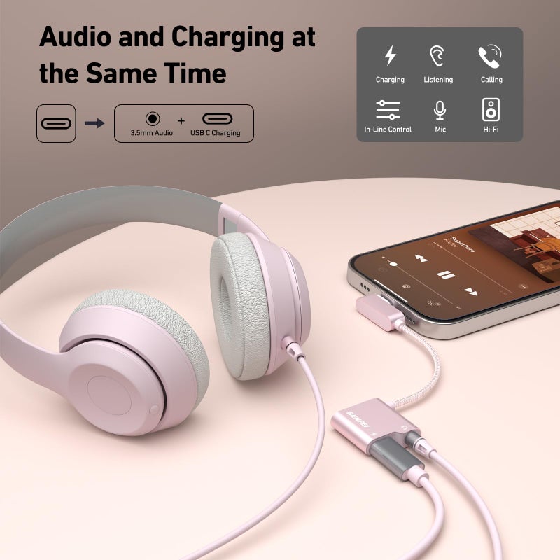 BENFEI USB C to Audio Jack Adapter with 60W Fast Charging, USB-C to 3.5mm Female Headphone Compatible with iPhone 16/15 Pro Max/Pro, Samsung Galaxy S24/S23/S22/S21 Ultra, iPad Pro, Pixel 8 Pink - Image 2