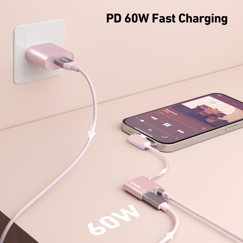 BENFEI USB C to Audio Jack Adapter with 60W Fast Charging, USB-C to 3.5mm Female Headphone Compatible with iPhone 16/15 Pro Max/Pro, Samsung Galaxy S24/S23/S22/S21 Ultra, iPad Pro, Pixel 8 Pink - Image 4