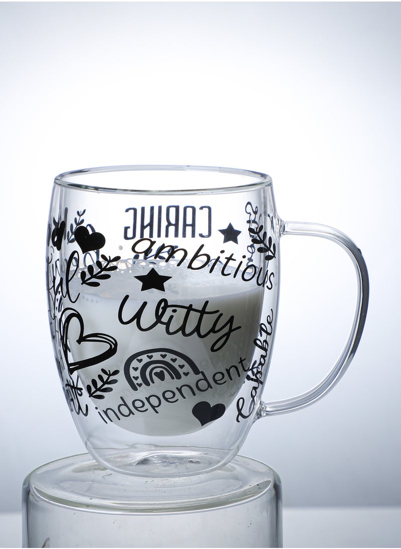 1Chase - Borosilicate Positive Quote Printed Double Wall Glass Cup with Handle and Straw 350 ML (Set of 2) - Image 1