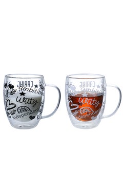 1Chase Borosilicate Positive Quote Printed Double Wall Glass Cup with Handle and Straw 350 ML (Set of 2)  - Image 1