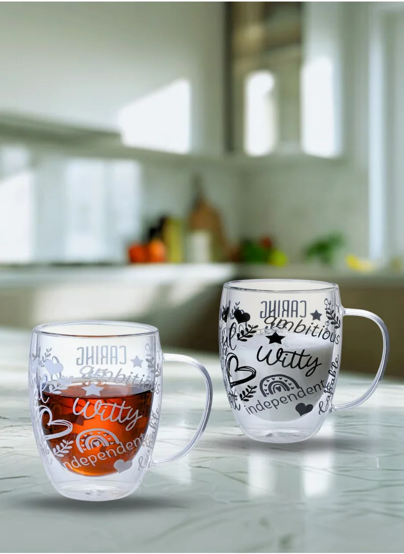 1Chase Double Wall Glass Cups – Set of 2 | 350ML Borosilicate Cups with Handle, Straw & Positive Quotes | Insulated for Hot & Cold Beverages