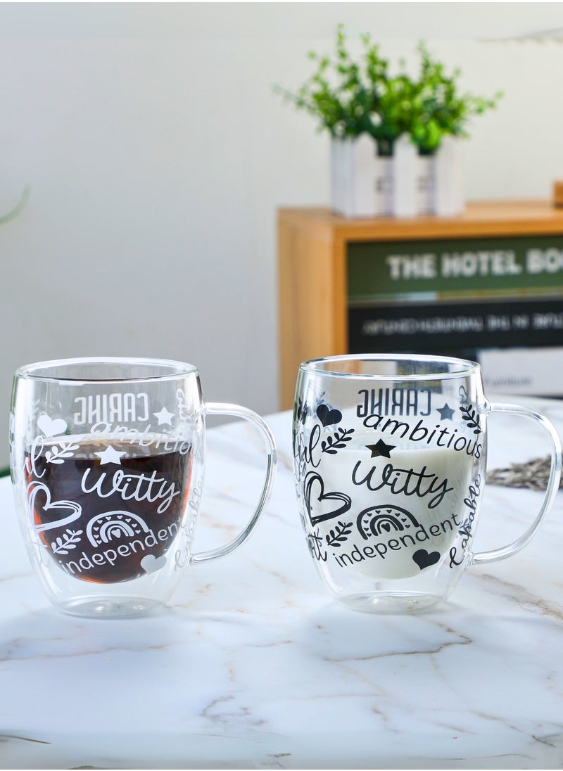 Double Wall Glass Cups – Set of 2 | 350ML Borosilicate Cups with Handle, Straw & Positive Quotes | Insulated for Hot & Cold Beverages