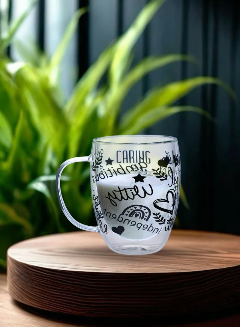 1Chase Double Wall Glass Cups – Set of 2 | 350ML Borosilicate Cups with Handle, Straw & Positive Quotes | Insulated for Hot & Cold Beverages