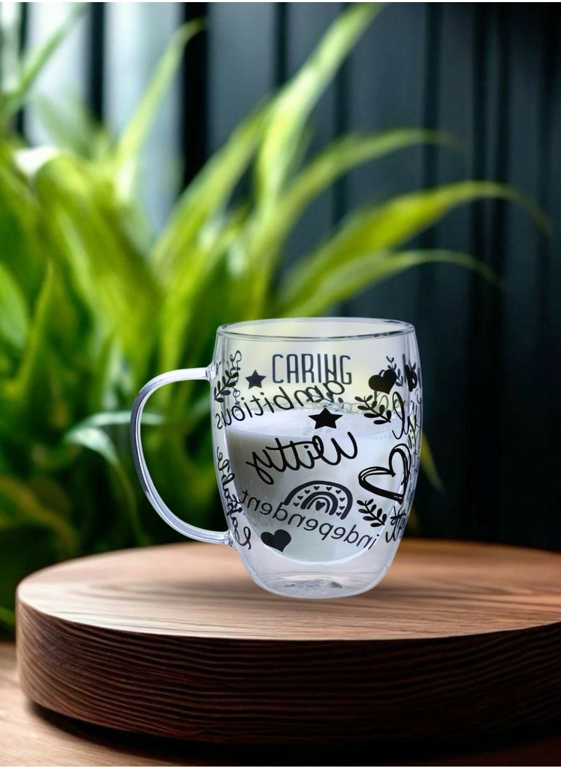 Double Wall Glass Cups – Set of 2 | 350ML Borosilicate Cups with Handle, Straw & Positive Quotes | Insulated for Hot & Cold Beverages