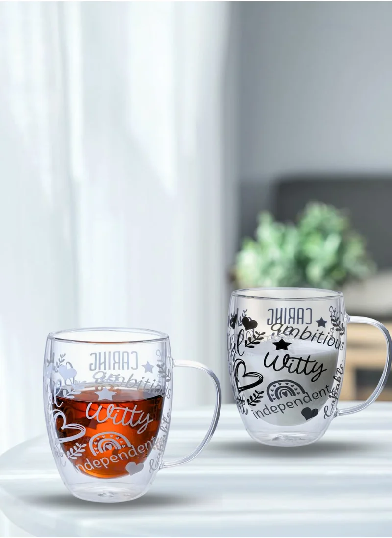 1Chase Double Wall Glass Cups – Set of 2 | 350ML Borosilicate Cups with Handle, Straw & Positive Quotes | Insulated for Hot & Cold Beverages