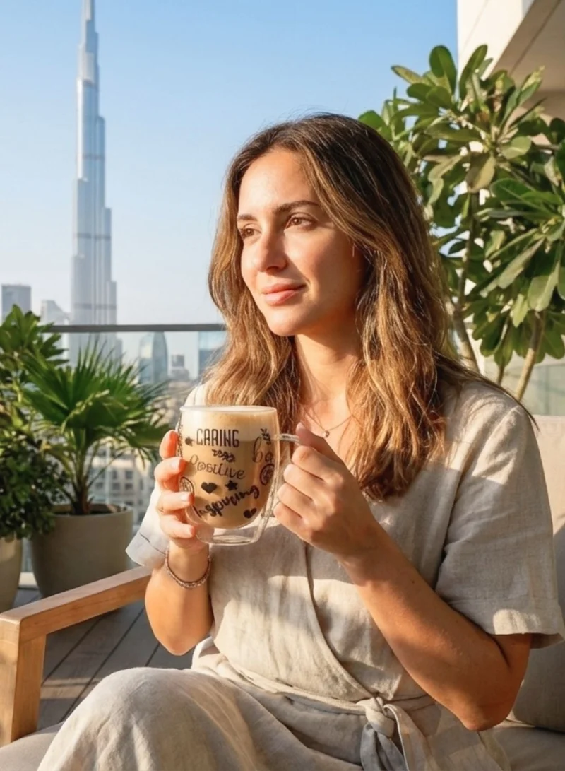 1Chase Positive Quote Double Wall Glass Cups – Set of 2 | 350ML Borosilicate Cups with Handle, Straw & Positive Quotes | Insulated for Hot & Cold Beverages  | Best Price UAE
