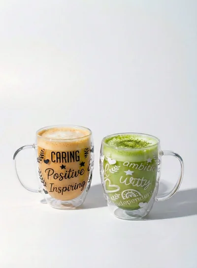 1Chase Double Wall Glass Cups – Set of 2 | 350ML Borosilicate Cups with Handle, Straw & Positive Quotes | Insulated for Hot & Cold Beverages