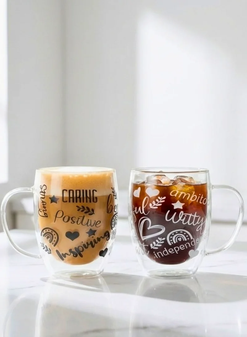 1Chase Double Wall Glass Cups – Set of 2 | 350ML Borosilicate Cups with Handle, Straw & Positive Quotes | Insulated for Hot & Cold Beverages