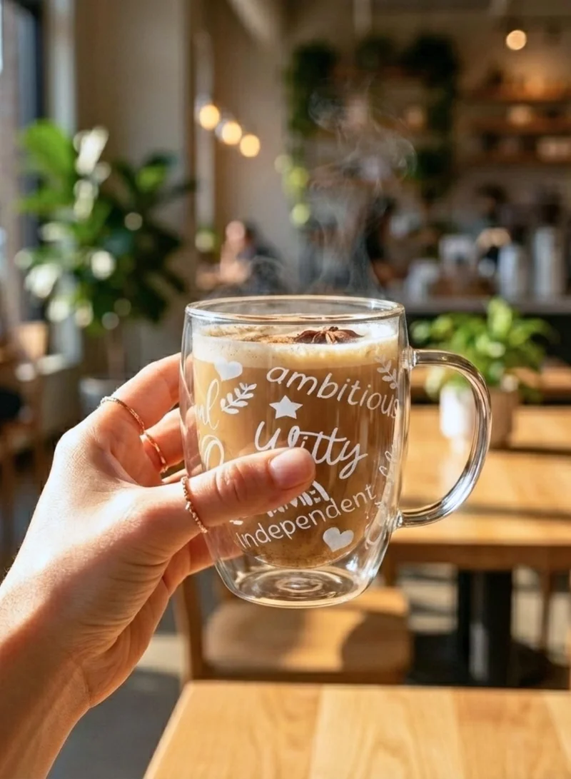 1Chase Positive Quote Double Wall Glass Cups – Set of 2 | 350ML Borosilicate Cups with Handle, Straw & Positive Quotes | Insulated for Hot & Cold Beverages  | Best Price UAE