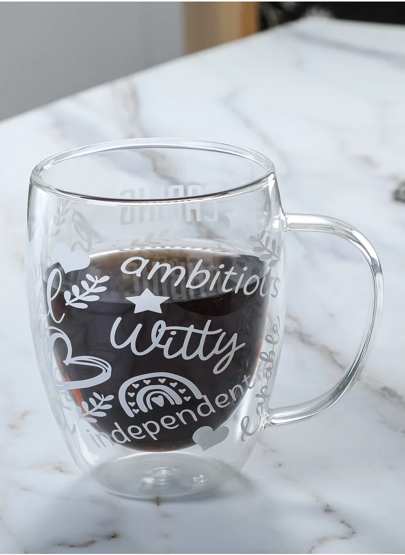 1Chase Borosilicate Positive Quote Printed Double Wall Glass Cup with Handle and Straw 350 ML (Set of 2)