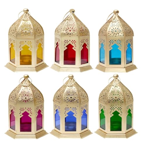 PALMY HANDICRAFTS Iron Tealight Holder Hanging Lantern Moroccan Tabletop & Home Decor with Wax (5 Pack 1 Piece Free with 6 Candle) (9 X 9 X 17 Centimeters) Adjustable - Image 1