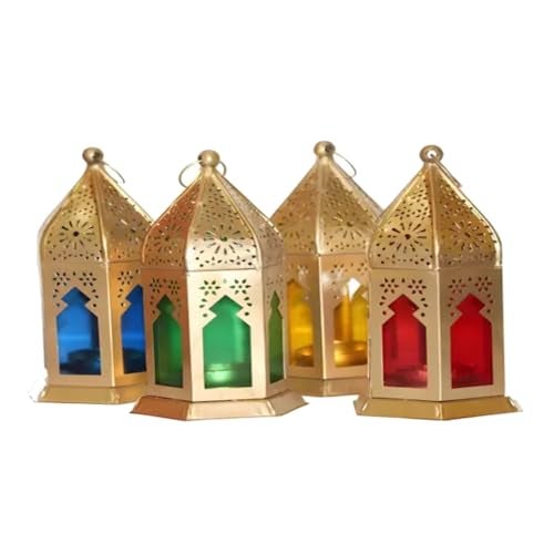 PALMY HANDICRAFTS Iron Tealight Holder Hanging Lantern Moroccan Tabletop & Home Decor with Wax (5 Pack 1 Piece Free with 6 Candle) (9 X 9 X 17 Centimeters) Adjustable - Image 4