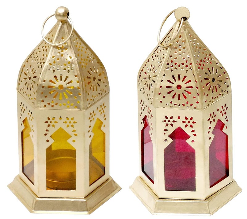 PALMY HANDICRAFTS Iron Tealight Holder Hanging Lantern Moroccan Tabletop & Home Decor with Wax (5 Pack 1 Piece Free with 6 Candle) (9 X 9 X 17 Centimeters) Adjustable - Image 3