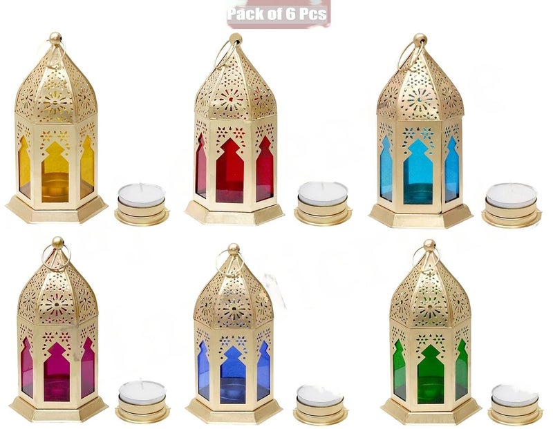 PALMY HANDICRAFTS Iron Tealight Holder Hanging Lantern Moroccan Tabletop & Home Decor with Wax (5 Pack 1 Piece Free with 6 Candle) (9 X 9 X 17 Centimeters) Adjustable - Image 2