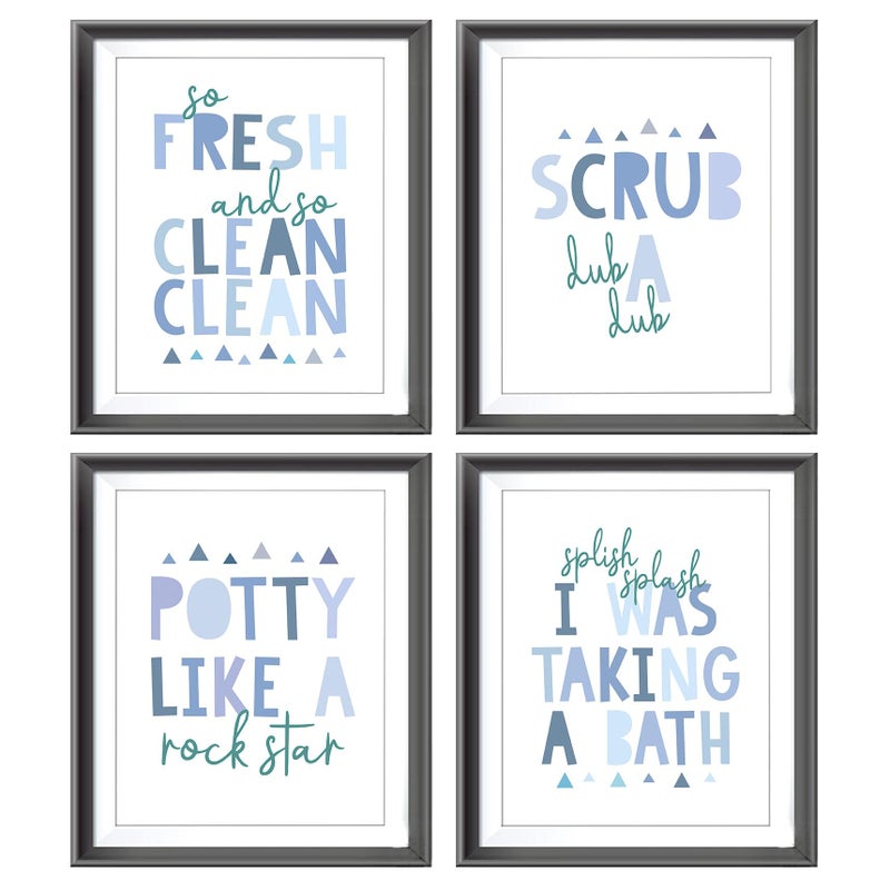 AEHIE So Fresh and Clean Colorful Bathroom Art Poster Prints for Home Kid Washroom Restroom Nursery Toilet Laundry Decor  Funny Bathroom Rules Word Decorations Prints Wall Art Unframed 4pcs 8x10in(Blue) - Image 1